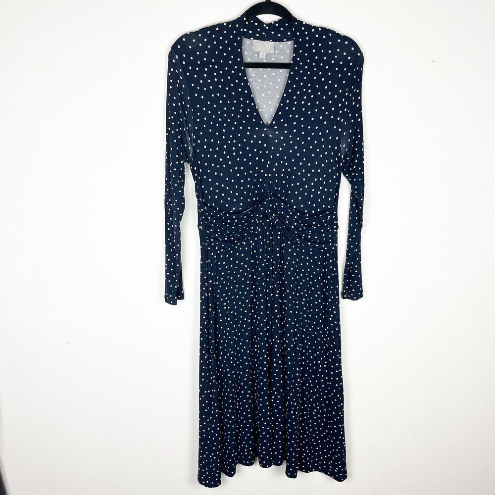 Pure Collection Navy‎ Blue Long Sleeve Polka Dot Midi Dress Sz 6​​​​
